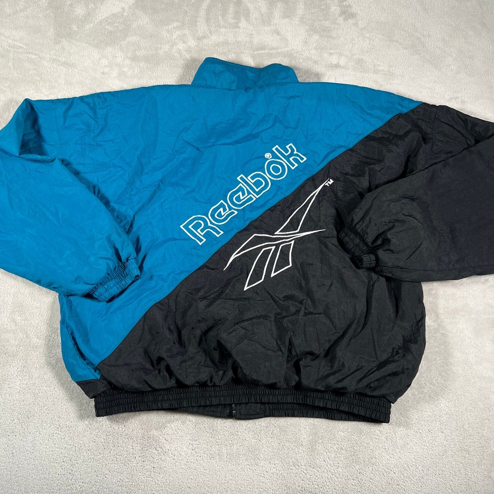 Vintage Reebok Windbreaker Jacket Men's Large Teal Black Colorblock Vector Logo
